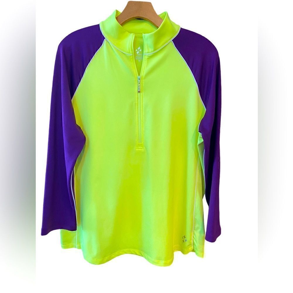 Jofit Sz XL Néon Green & Purple Golf Tennis Pickleball 1/4 Zip Long Sleeve Top